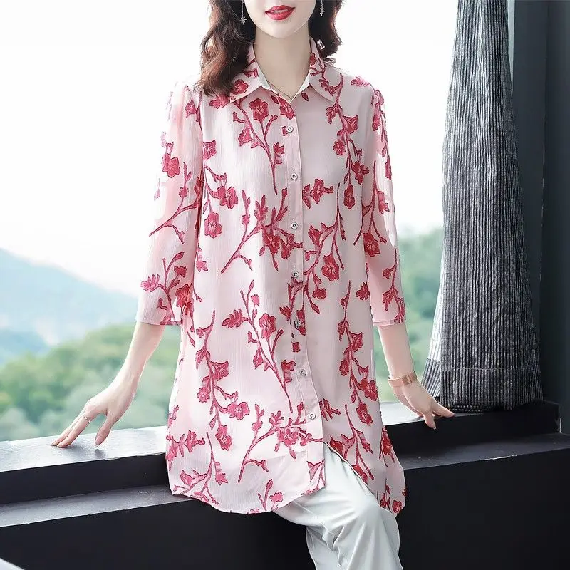 Elegant Fashion Printed Single-breasted Blouse Summer Women\'s Clothing 3/4 Sleeve Casual Loose Polo-Neck Chiffon Shirt Female