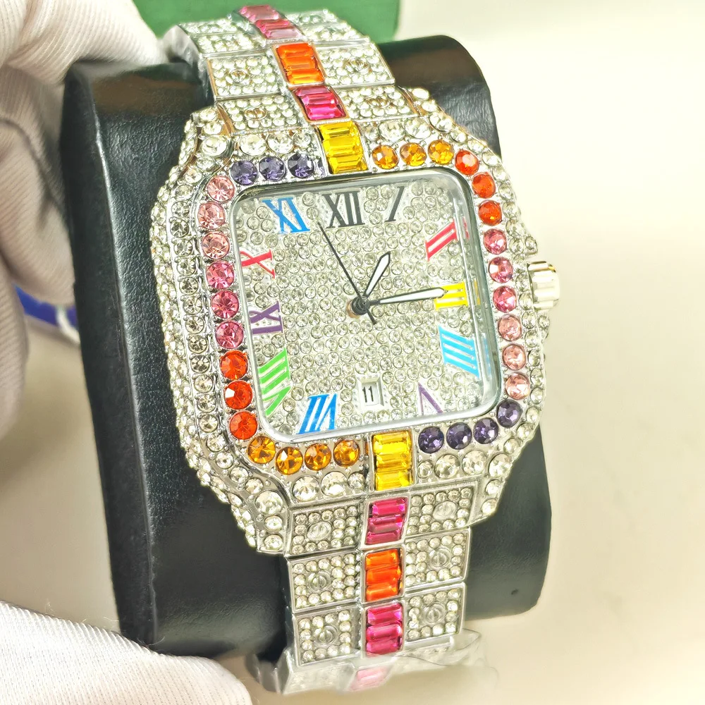 Iced Out Rainbow Diamond Quartz Watch  Men Full Diamond Hip Hop Male Gold  Square Shaped Gypsophila Vintage Man for Clock Reloj