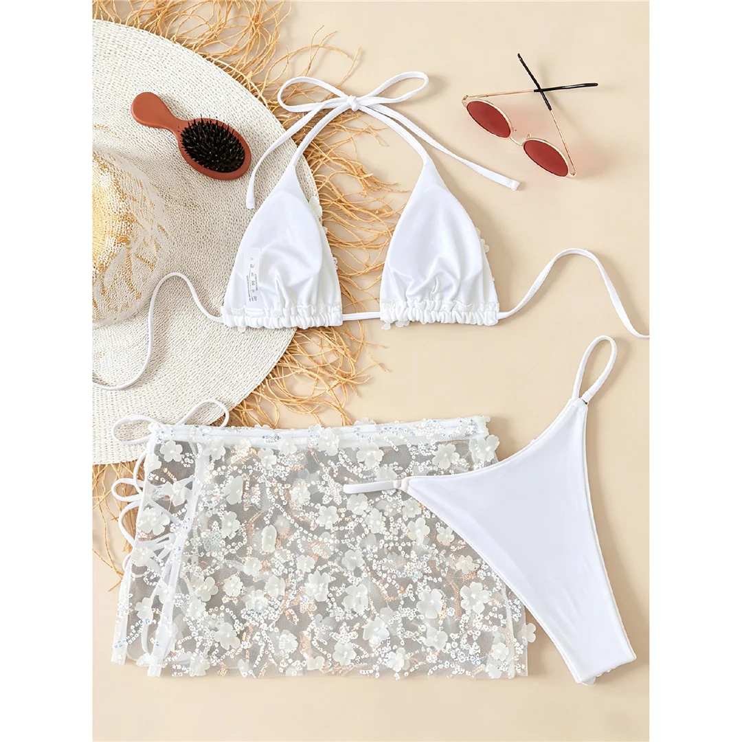 S - XL Dreiteiliges Bikini-Set mit Rock, Blumen, Pailletten, Damen-Bikini, Badeanzug, Badebekleidung, Badeanzug, Schwimmbekleidung V7864 – Detail 9