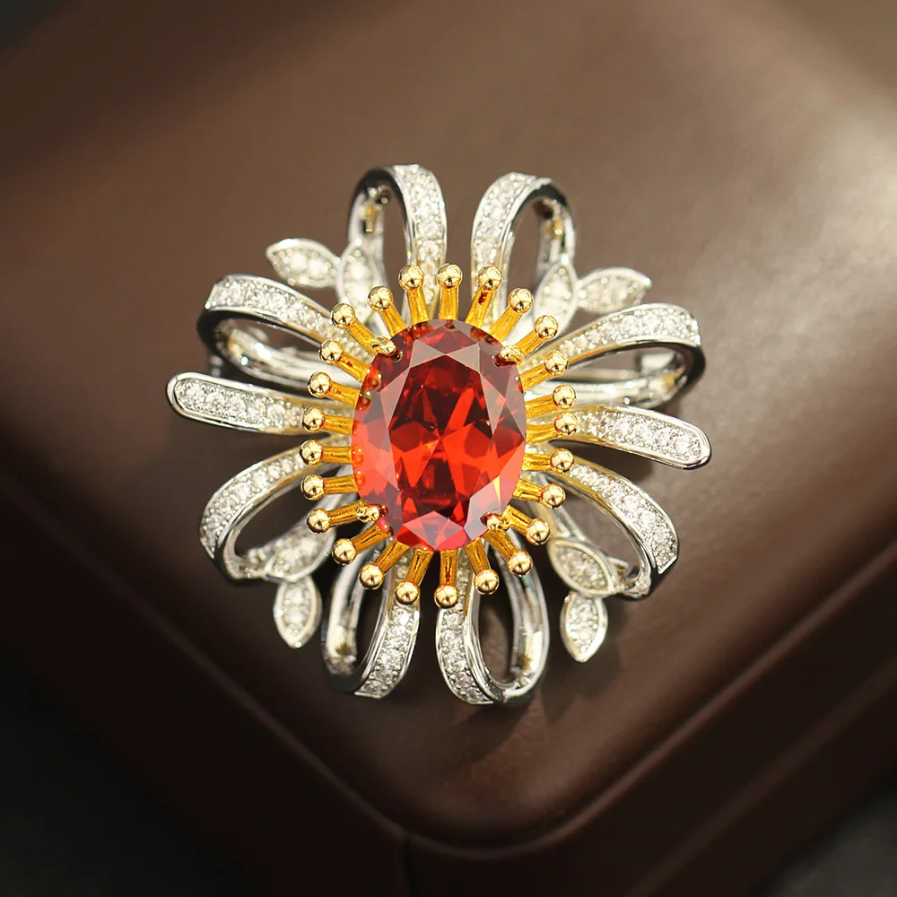

Red Gemstone Flower Brooch,Luxury Niche Floral Corsage, Elegant Versatile Pin for Women