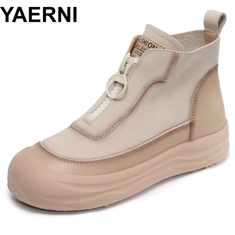 

Women Chunky Platform Ankle Boots Genuine Leather Front Zipper Thick Sole Mixed Colors High Top Casual Board Shoes