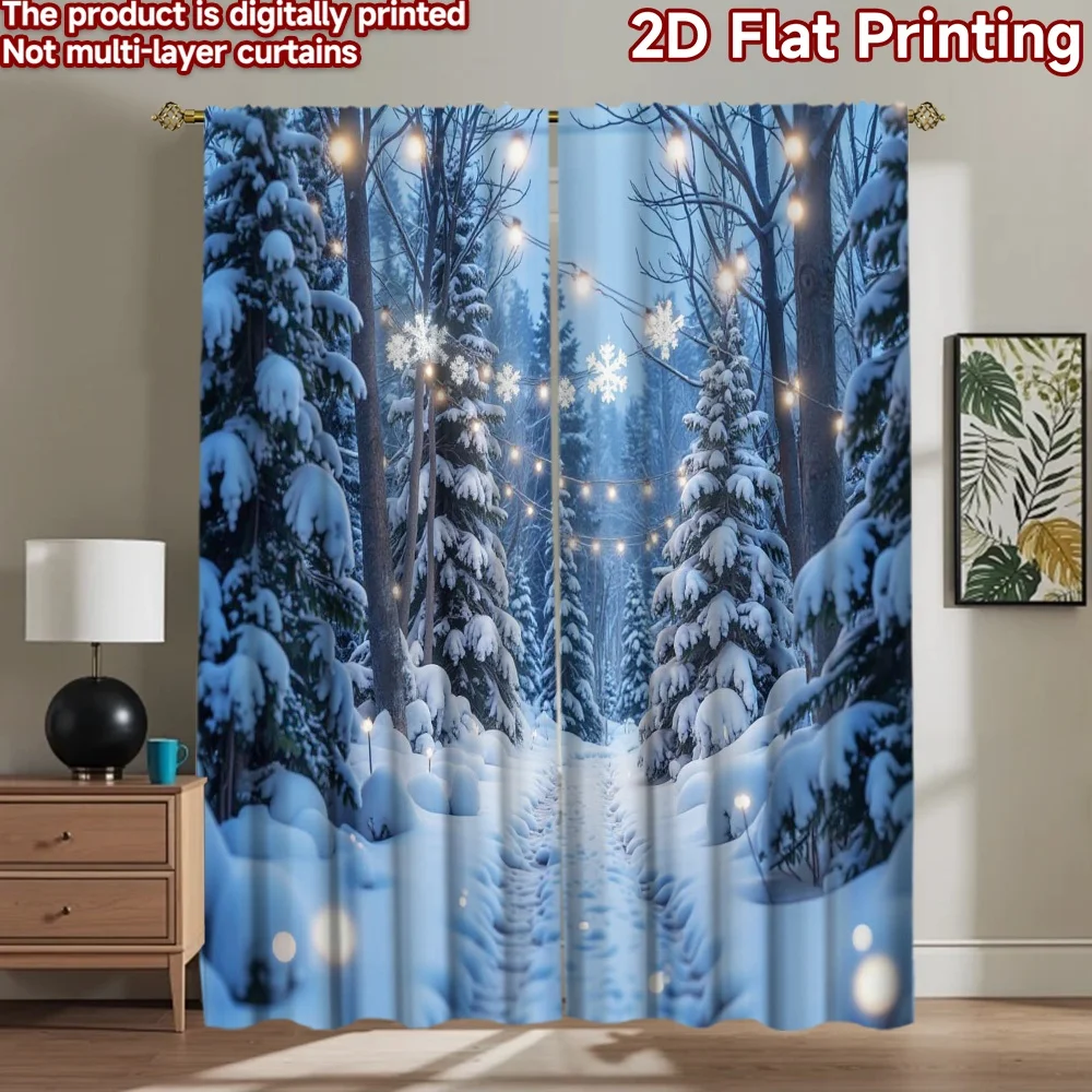 2D flat 2pcs Curtain Vintage drapes and curtains Christmas Snowy Forest Digitally printed polyester, colorfast Festive Wall