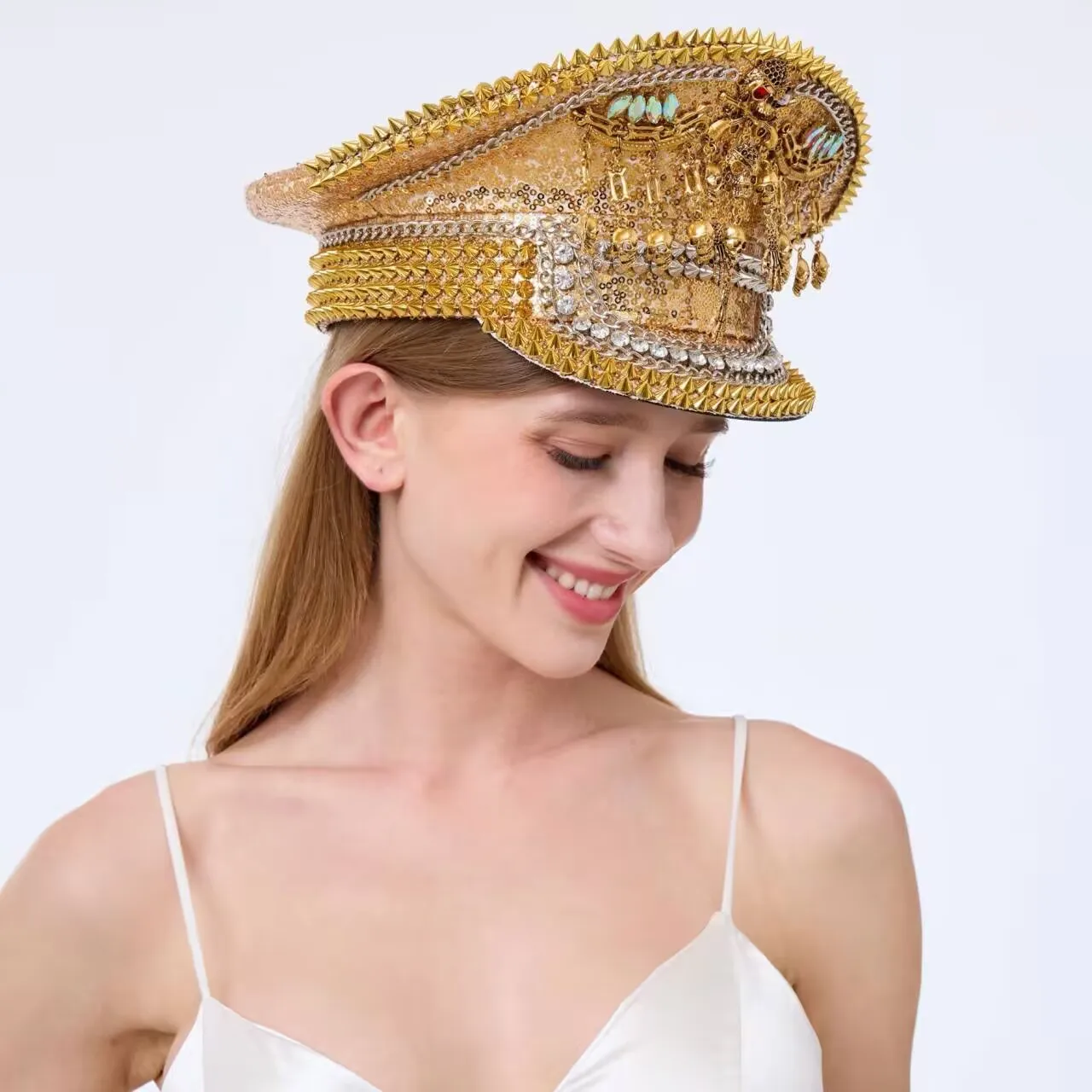 Cappello per costume da festival musicale HongLuan, cappelli da capitano con strass per donna di carnevale, accessori femminili cosplay