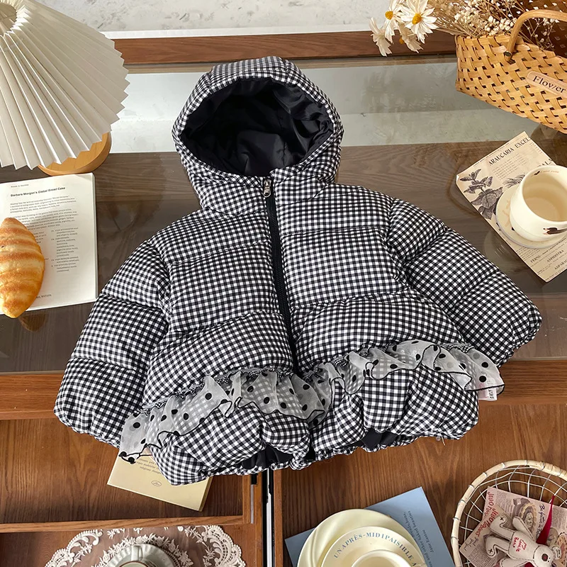 

Toddler Girls Down Coat Hooded Plaid Thicken Warm Duck Kids Baby Girls Down Jacket New Winter Mesh Infant Girls Outerwear Coat