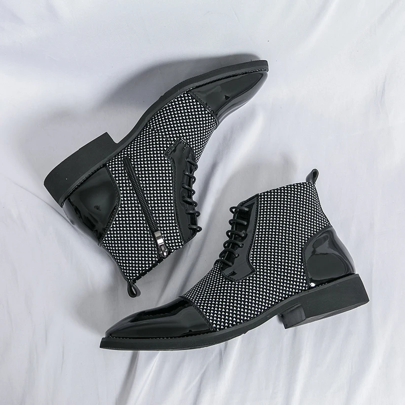 High Quality Men Boots Fashion Pointed Patent Leather Boots Lace Up Ankle Boot Classic Business Dress Boots for Men Wedding Boot