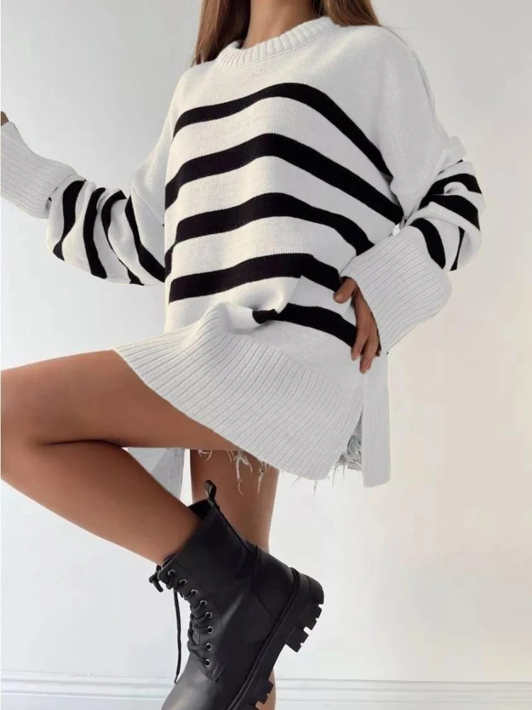 Herfst Winter Nieuwe elegante mode gestreepte trui Top Pullover Ronde hals Middellange losse casual damestrui met lange mouwen