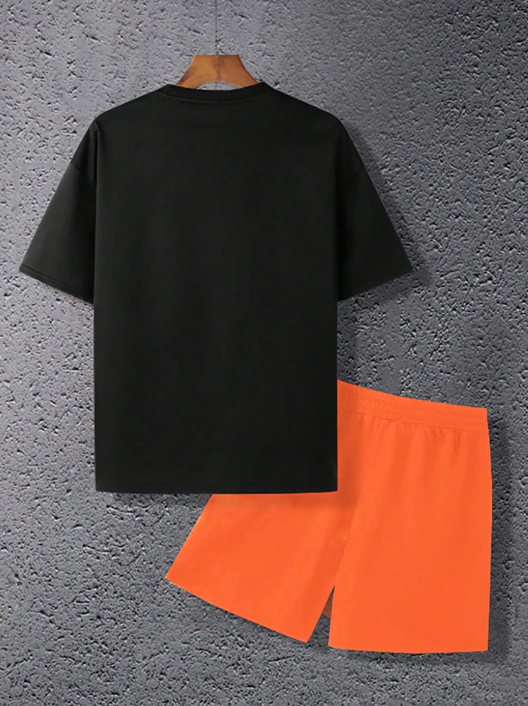 Men's Summer Trendy, Casual and Fashionable Color-Blocking Short-Sleeve T-Shirt and Shorts Set with Los Angeles Letter Prints