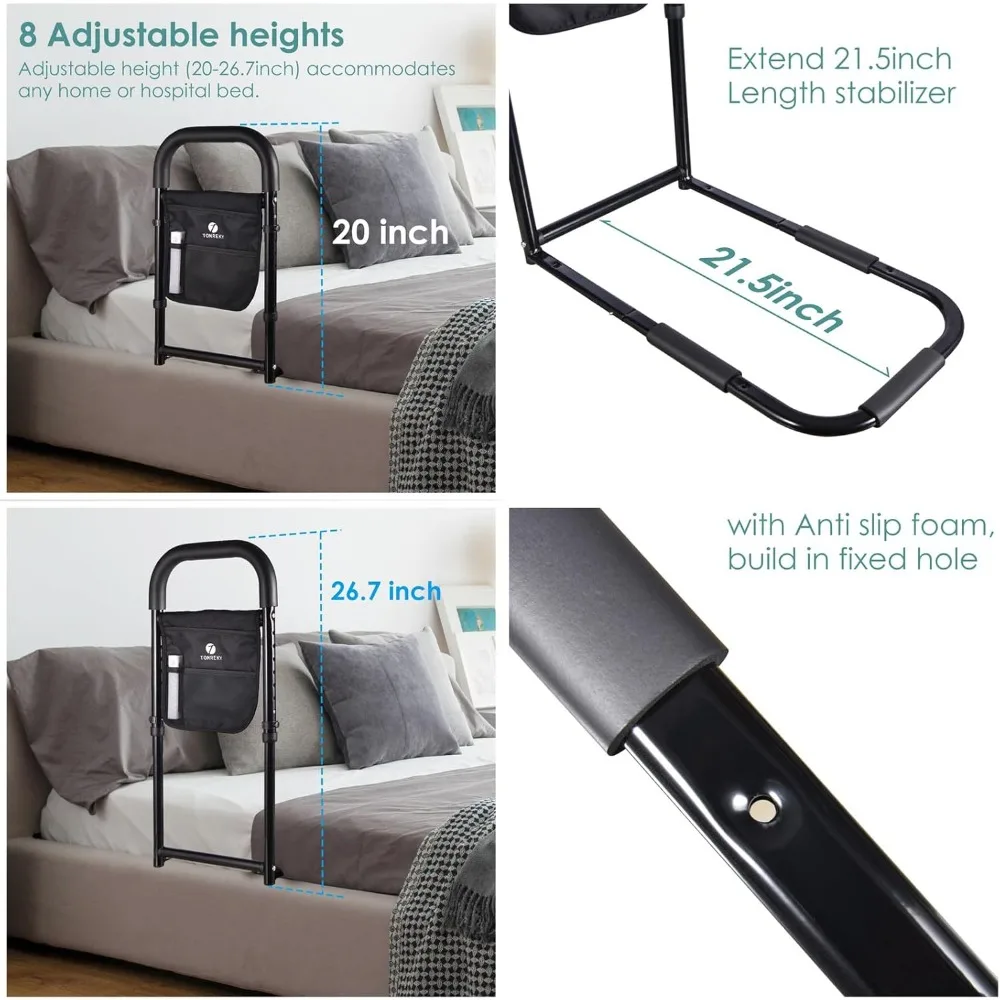 Elderly Bed Safety Rail with Motion Light & Storage Pockets, Adjustable Height, Tool-Free Installation, Supports 300lbs