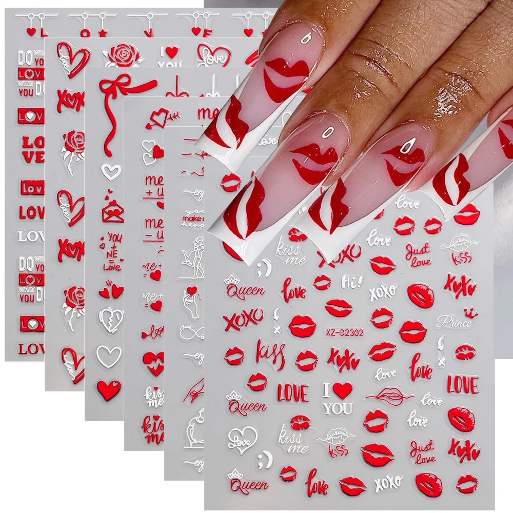 12pcs Red Heart Valentine Nail Stickers Set 3D Kiss Sexy Red Lips Rose Romantic Nail Decoraction Decals DIY Manicure Accessories