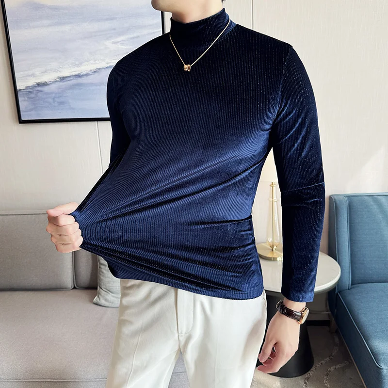 

Autumn Winter Men's Velvet Knitted T-shirts Mock Neck Long Sleeve Basic Tops Tees Slim Fit Stretch Pullovers Man Black Blue