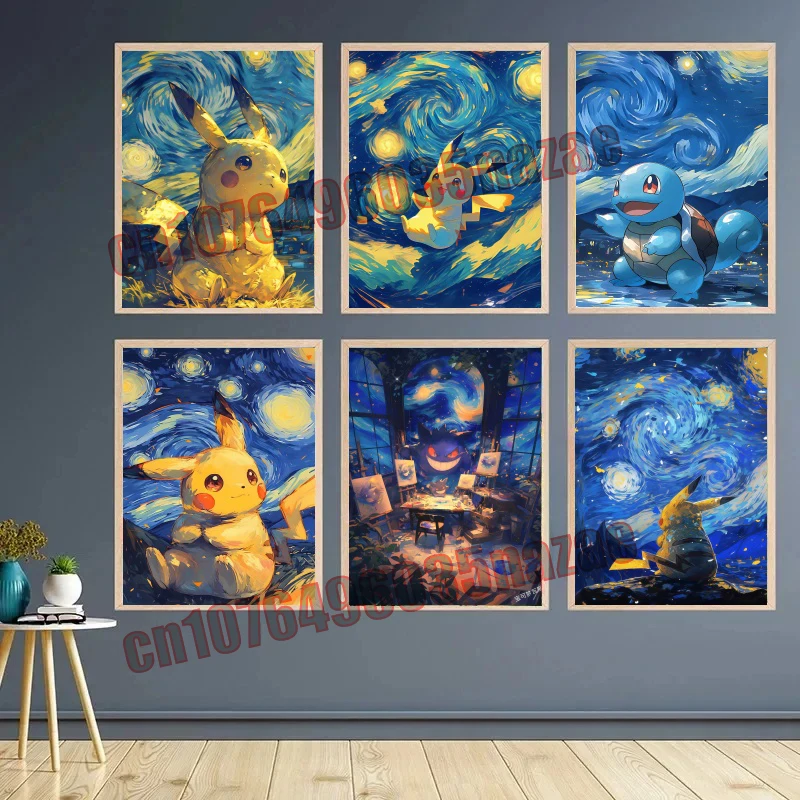 

Japanese Cartoon Anime Pokemon GengarPikachu Cool Van Gogh Starry Sky Poster Canvas Painting Suitable for Bedroom Decoration