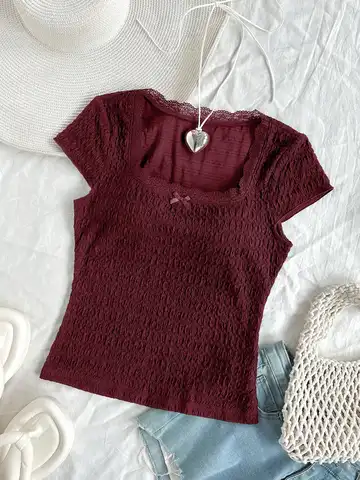 Europe and the United States fresh girls pure desire lace sexy low-cut round neck slim stretch short-sleeved T-shirt top