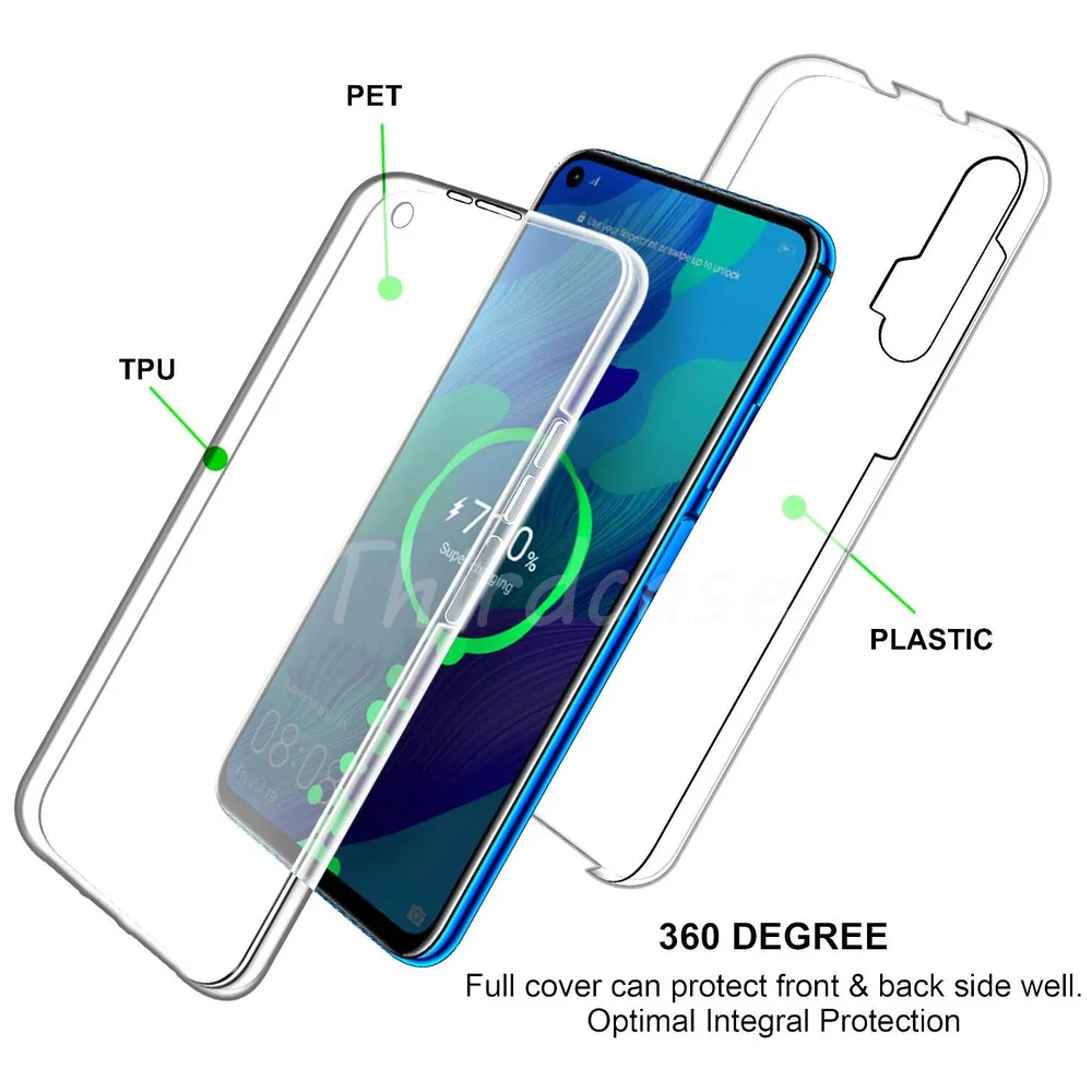 Nova 5T 360 Full Body Case With PET Glass for Huawei Nova 5T Bumper PC+Silicone Double Clear Cover Nova 5T Coque