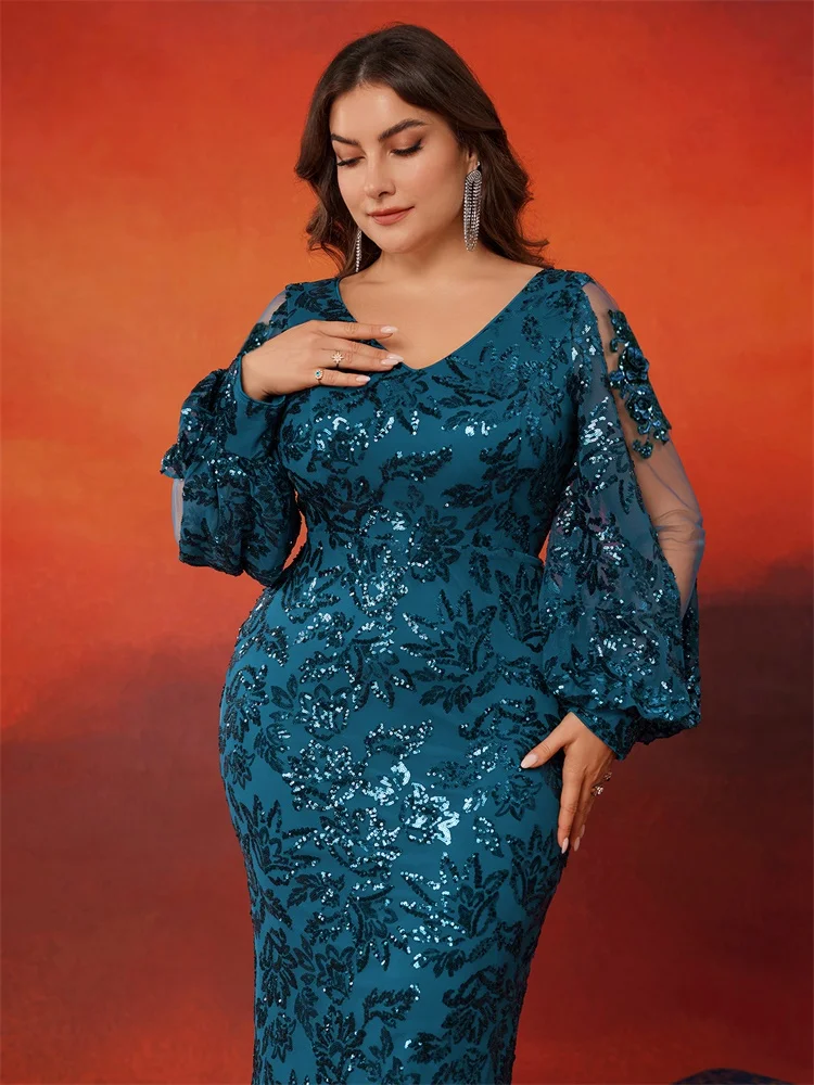 Lucyinlove Plus Size Elegant Long Sleeve Sequin Evening Dress Luxury Women Mermaid Wedding Party Formal Bridesmaid Prom Gowns