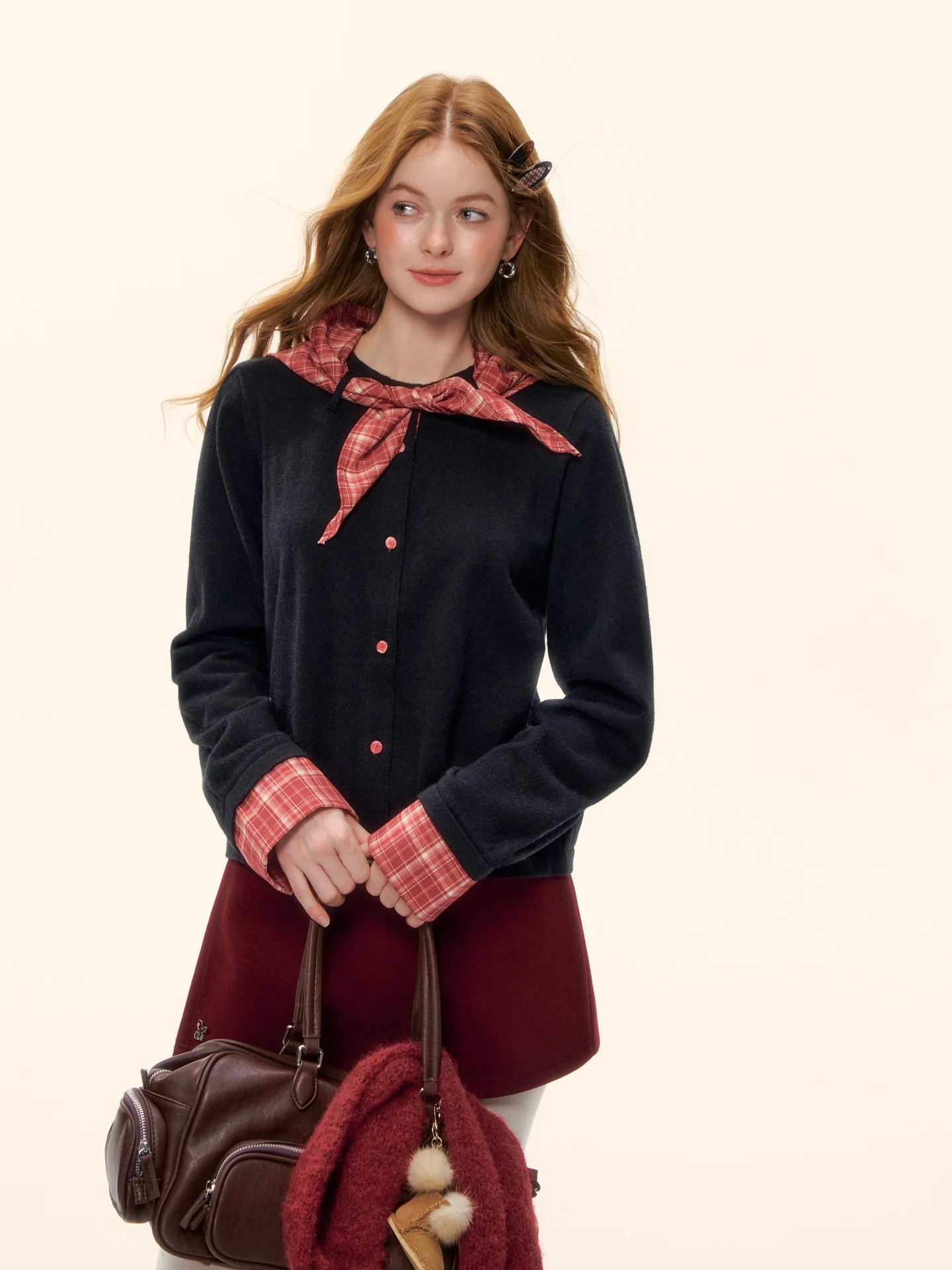 

Elegant Style Wool Blend Patchwork Knitted Cardigan Short Length Open Front Sweater Rabbit Ear Tie Design Breathable Skin-Fri...