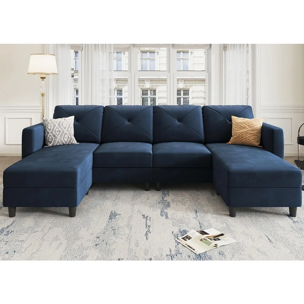 Velvet Sectional Sofa with Chaise U Shaped Sectional Couch 4 Seat Sofa for Living Room, Dark Blue