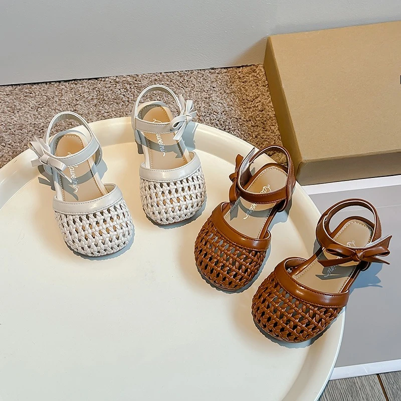 Summer Girls Sandals Sweet Bowknot Woven Kids Mary Jane Sandals Princess Hollow Out Children's Beach Flat Sandals School Party