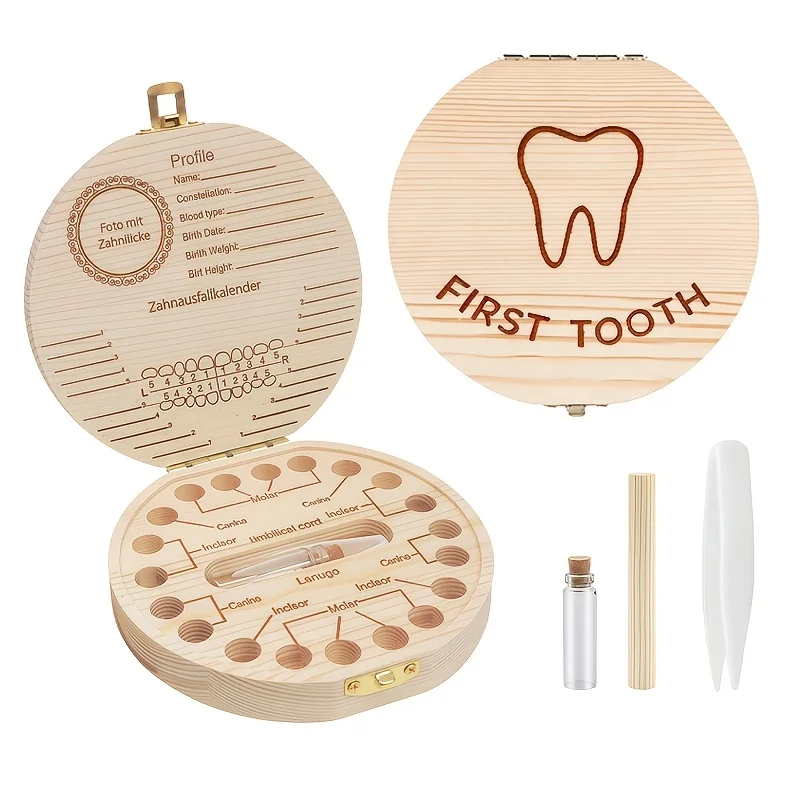 2D Flat Round Children's Wooden Tooth Box Circular Patterned Hole-Punching Design First Tooth Storage Gift Item