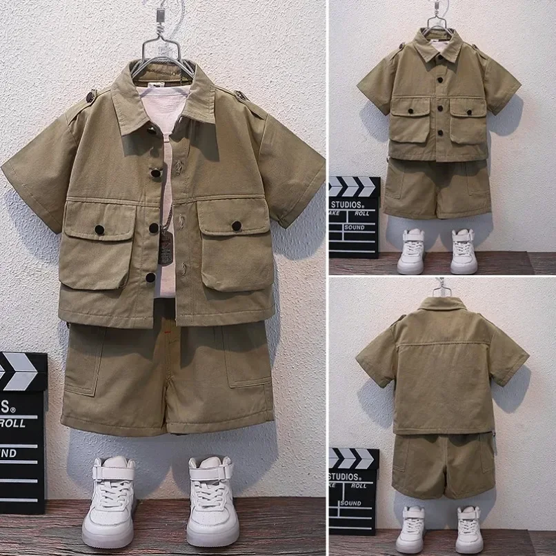 

2024 Kids New Boys Child Buttons Shirt Cargo Shorts Multi-pocket Workwear Summer Suit Short Sleeve Shorts Cotton Set