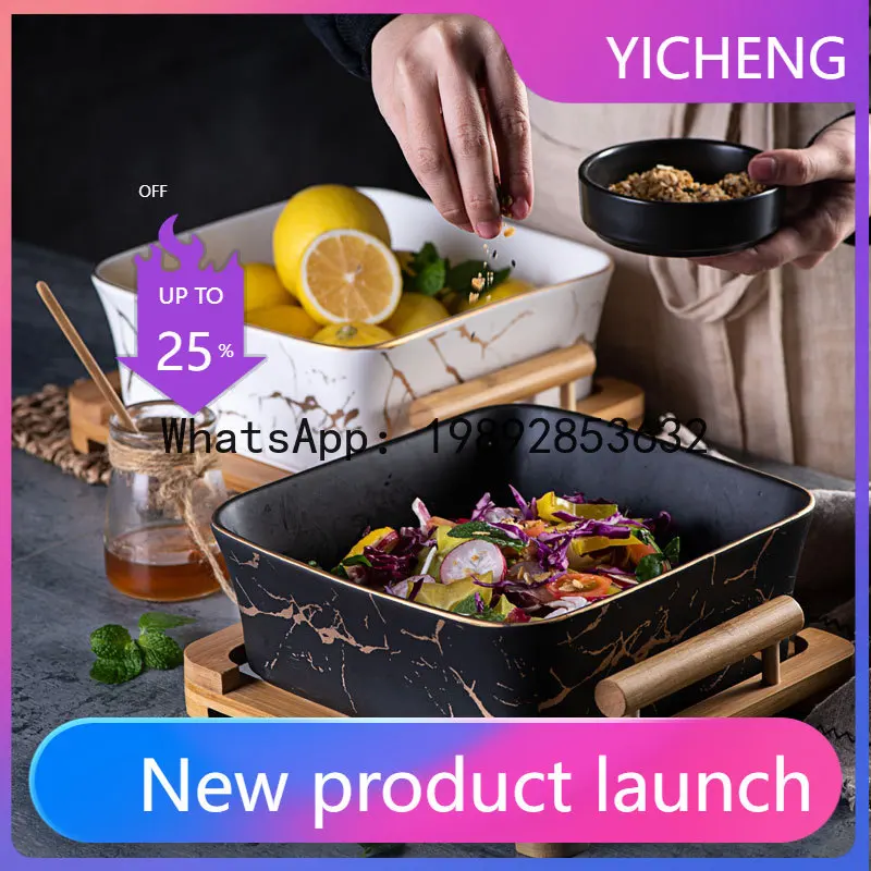 

WD Nordic style fruit plate, creative wooden frame square bowl, household ceramic fruit plate square dessert bowl