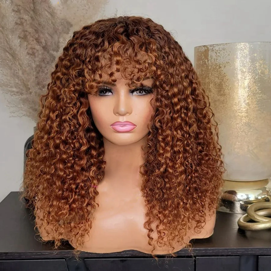 Natural Black 26 Inch Long Kinky Curly Honey Blonde Machine Wig With Bangs For Women High Temperature Cosplay Glueless Daily