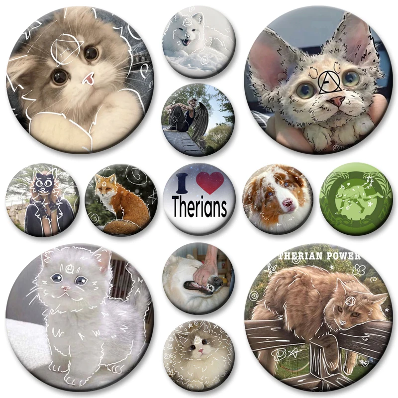 I Like Therian Heart Kawaii Brooches Theta Delta Therian Sign Fox Cat Cartoon Button Pins Round Display Badge Accessories Gifts