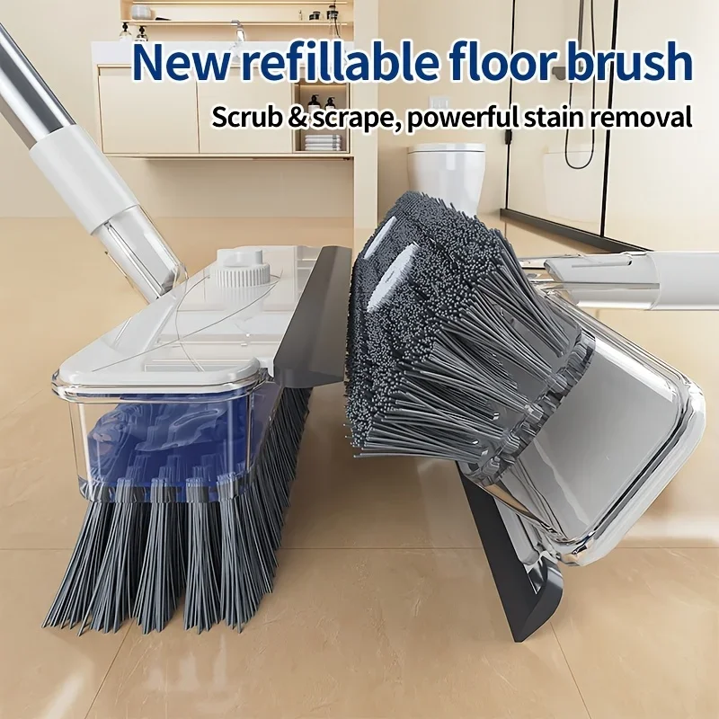 4-in-1 VShaped Floor Cleaning Brush with Liquid Reservoir,Rotating Angled Bristle Head with Squeegee,Double-Sided Cleaning Brush