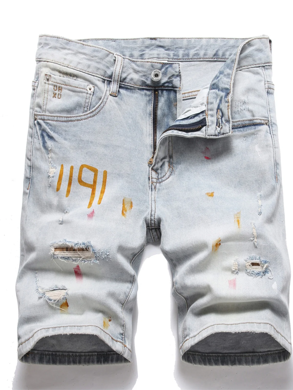 

Летние новые мужские джинсовые шорты Slim Fit: модные, с цифровым принтом, рваные, повседневные, из хлопка со стрейчем, молодежные, популярные