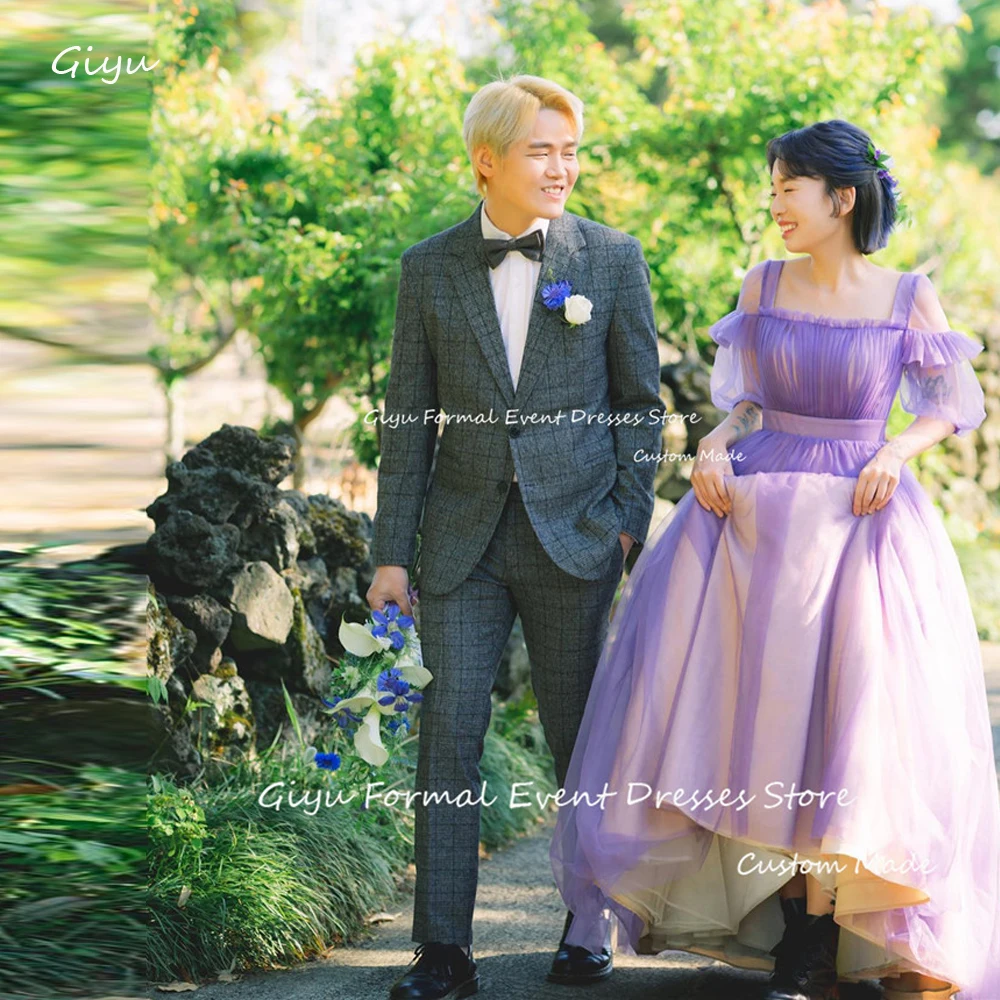 Giyu Purple Tulle A Line Wedding Dresses Photoshoot Korea Straps Floor Length Bridal Dress Evening Gowns Formal Occasion