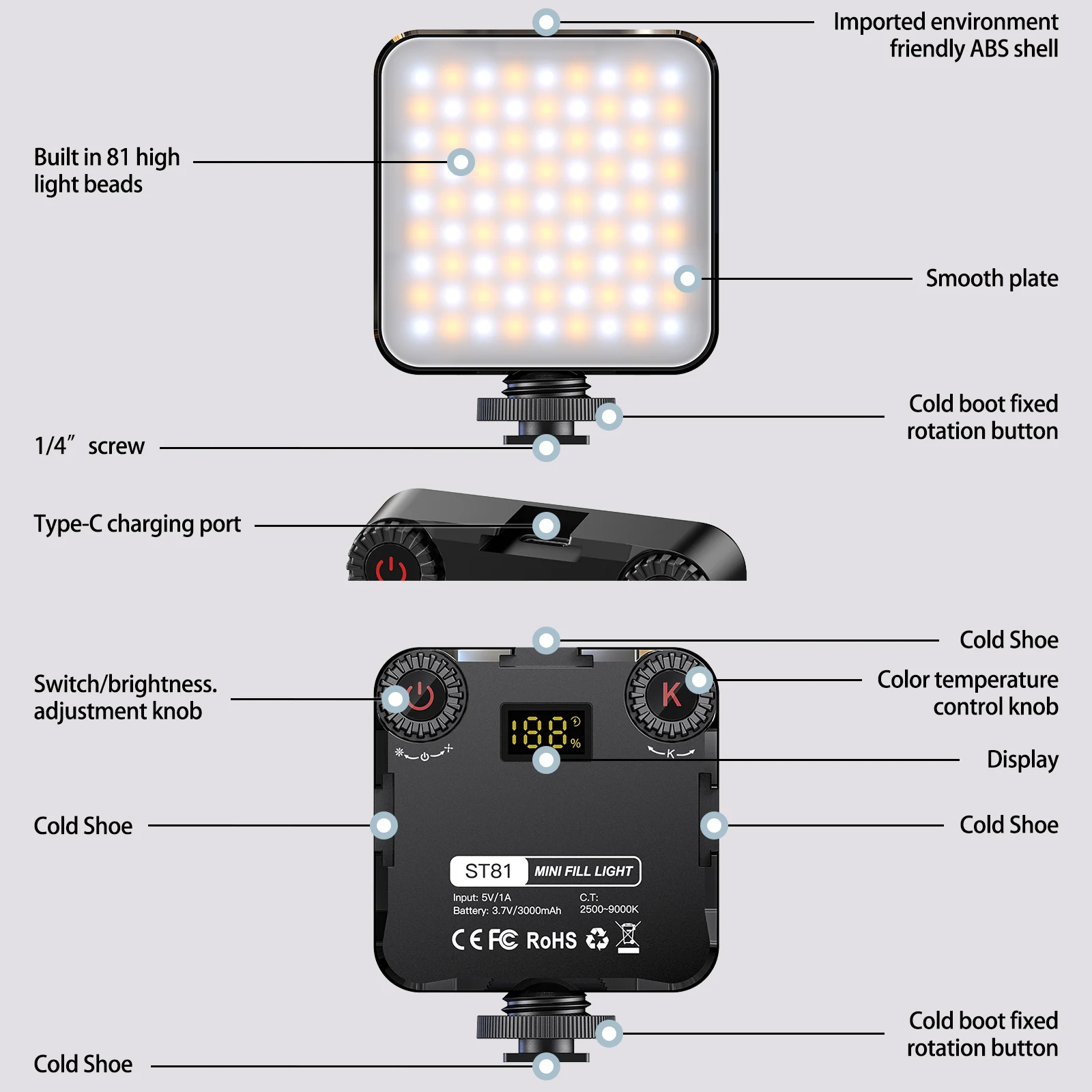 BAFANG Mini Bi-Color Fill Light Portable Pocket Soft light Cold Shoe Mobile Phone Live Camera Vlog Light Mini Tripod