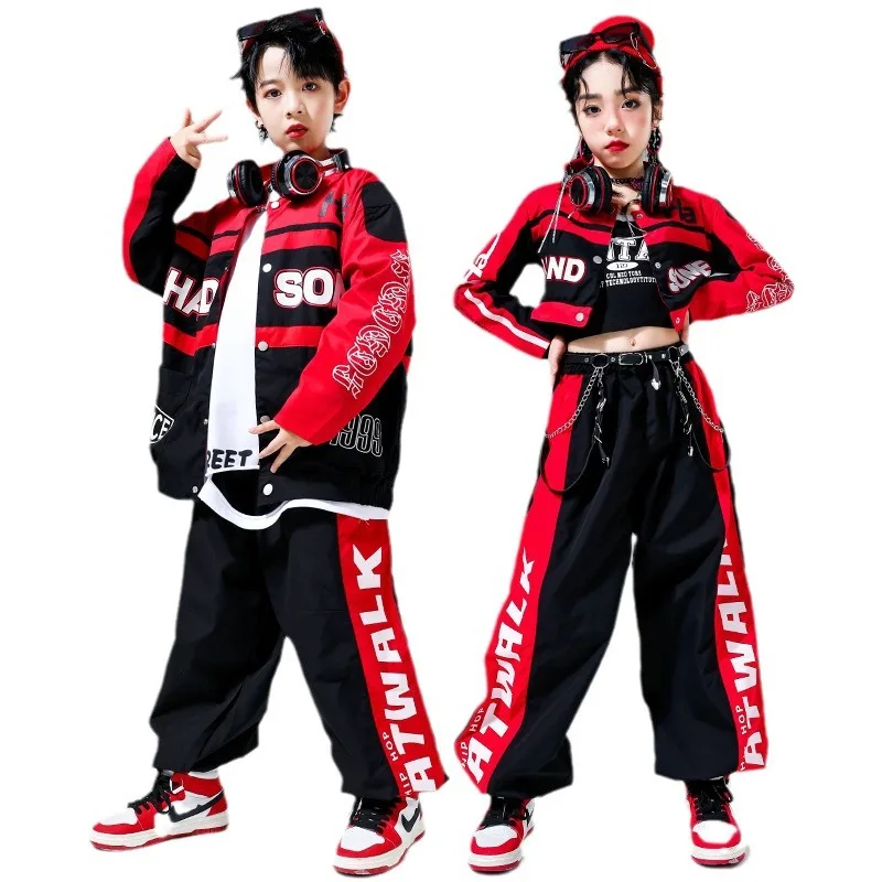 

Kids Hip Hop Clothing Red Motorcycle Long Shirt Crop Jacket Top Black Jogger Pants for Girls Boys Jazz Dance Costume Clothes