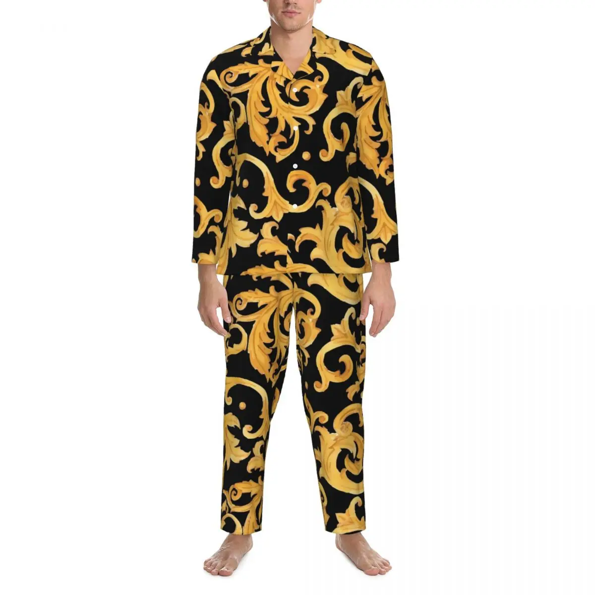 Baroque Print Pajama Sets Gold Floral Trendy Sleepwear Men Long Sleeves Casual Room 2 Piece Home Suit Large Size