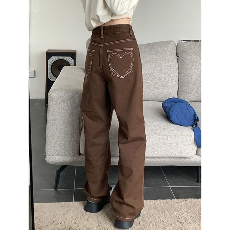 Brown Women\'s Jeans High Waist Vintage Straight Baggy Denim Pants Streetwear Heart Pattern Design Fashion Wide Leg Denim Trouser