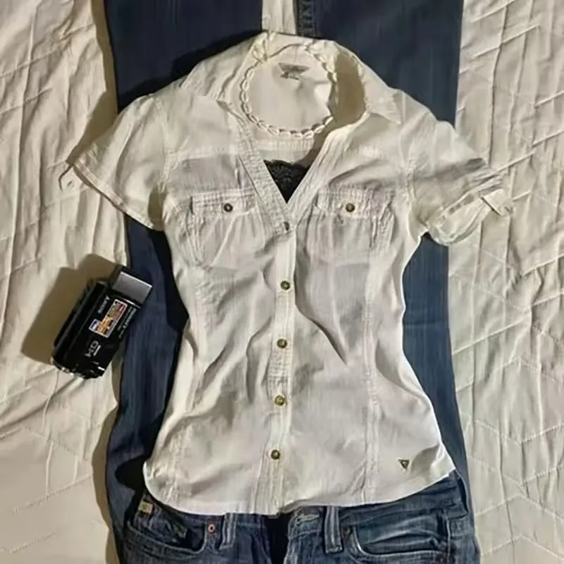 

Y2K American Harajuku Womens Solid Sexy Slim Casual Button-Down Turtleneck T-Shirt Goth Punk Rock Hip Hop Fashion Streetwear