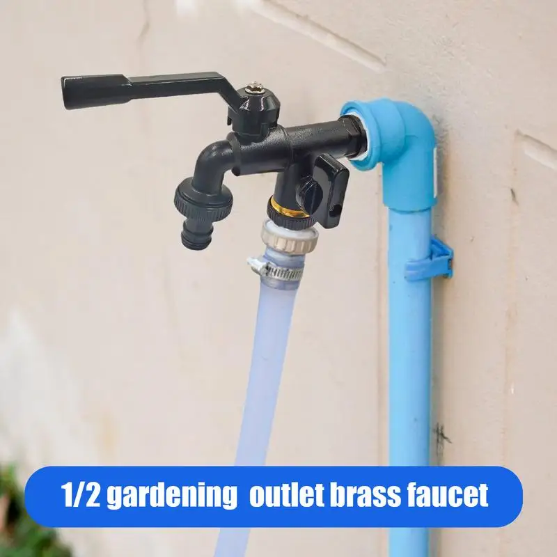 Outdoor Double Taps Water Faucet 1/2 Inch Inlet Brass Faucet With Double Outlets Wall Mount Heavy Duty Faucet Frost-Proof Hose