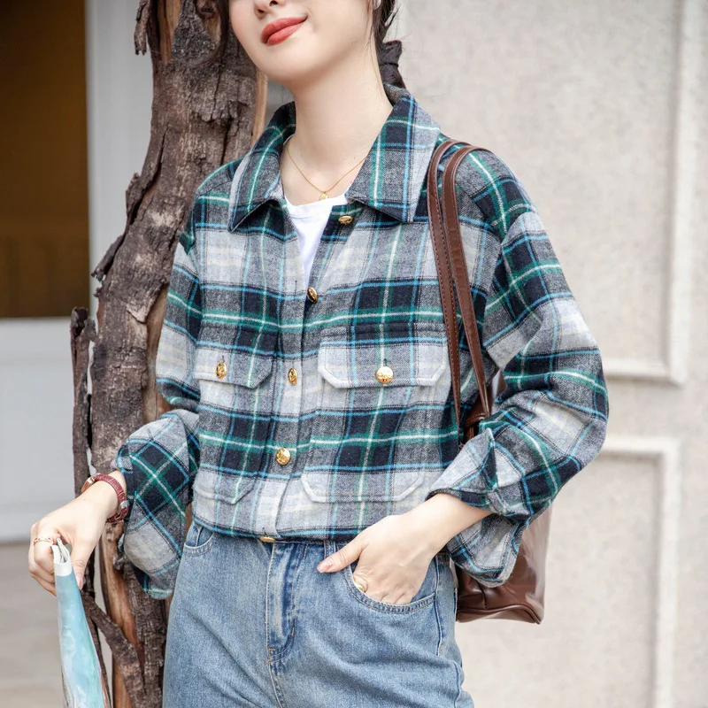 BOWEYLUN جديد خمر المطحونة الأزرق منقوشة قميص طويل الأكمام المرأة الربيع والخريف فضفاض مكدسة بلوزة بلايز الإناث