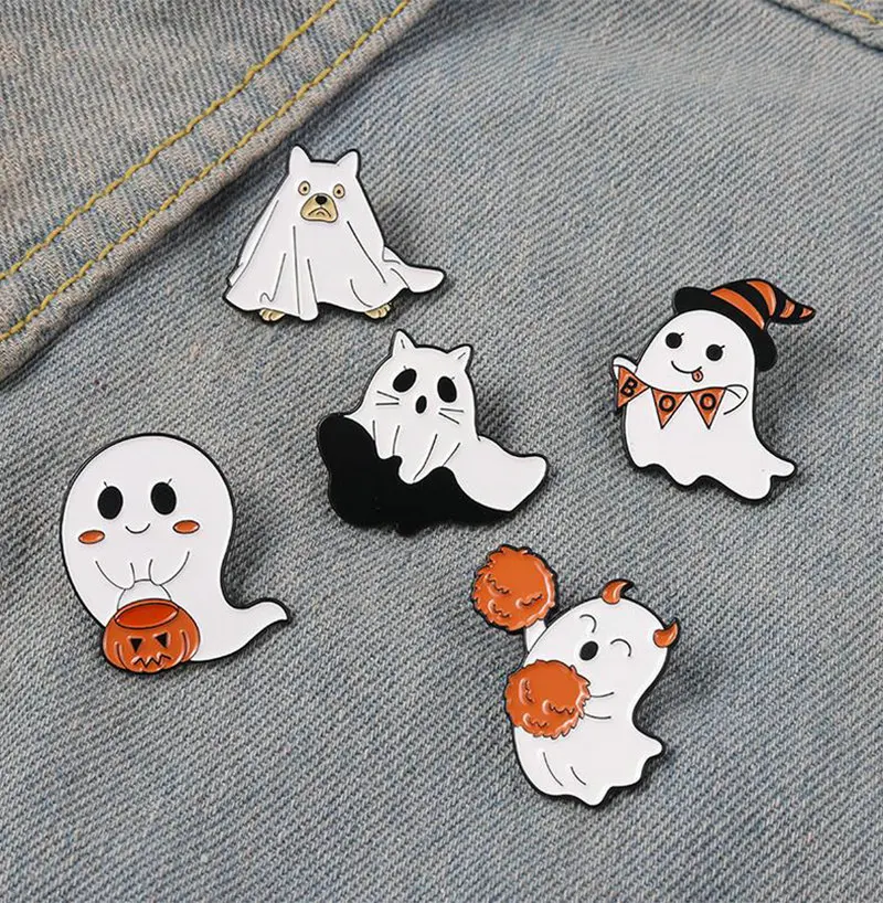 Alfileres esmaltados, broches de fantasma volador bonitos y espeluznantes, insignia gótica de calabaza Boo, botones Pinback, accesorios ¡Feliz Halloween! Fantasma