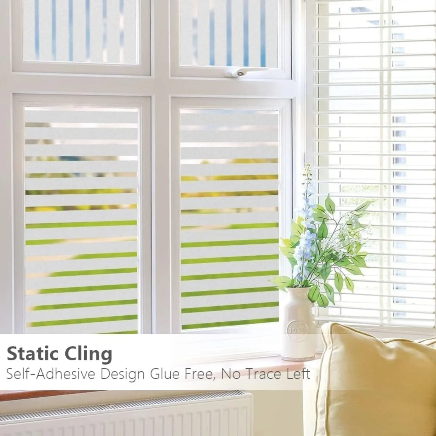 Window Privacy Film for Glass Windows, Frosted Window Films Stripe Patterned, Non Adhesive Static Cling Windows Cover for Home