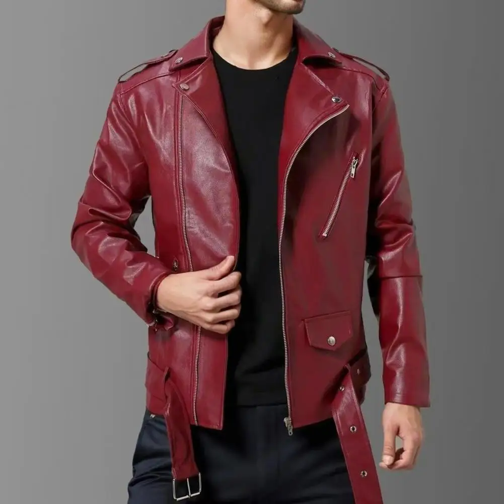 

Men Jacket Slim Fit Faux Leather Solid Color Coat With Diagonal Zipper Belt Adjustment Windproof Coat