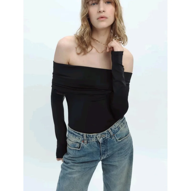 Autumn Women's Casual Nylon One-Piece oulder Bared Long Sve Jumpsuit High Waist Straight Leg Long Pant High Polyester Co...