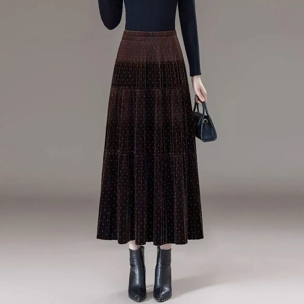 

Элегантная юбка с эластичным поясом, плиссированная юбка из роскошного бархата, комфортная офисная повседневная юбка миди.