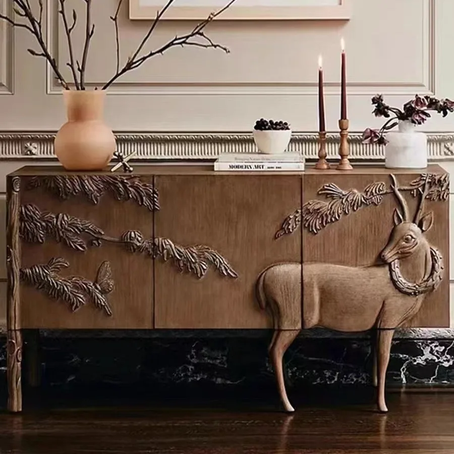 

French solid wood carving flower retro entrance cabinet American country foyer side cabinet