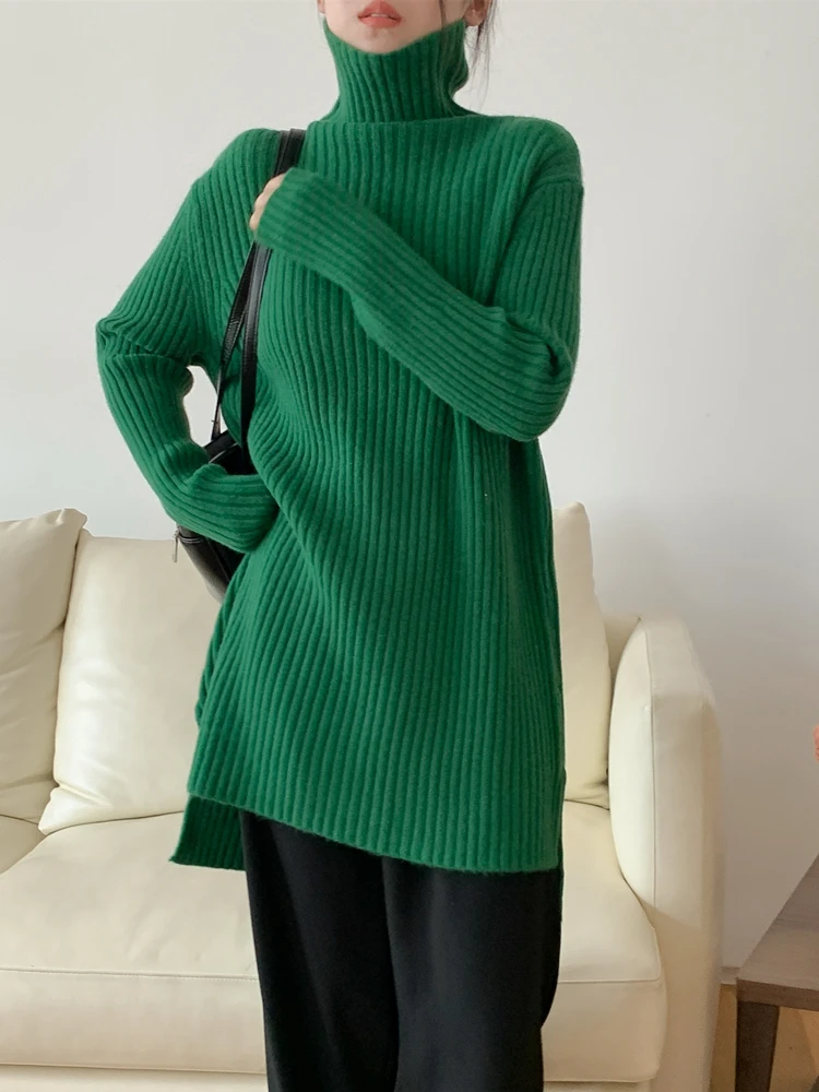 Colorfaith SW5097JX New 2023 Chic Korean Fashion Elegant Vintage Turtleneck Sweaters Split Knitting Women Autumn Winter Tops