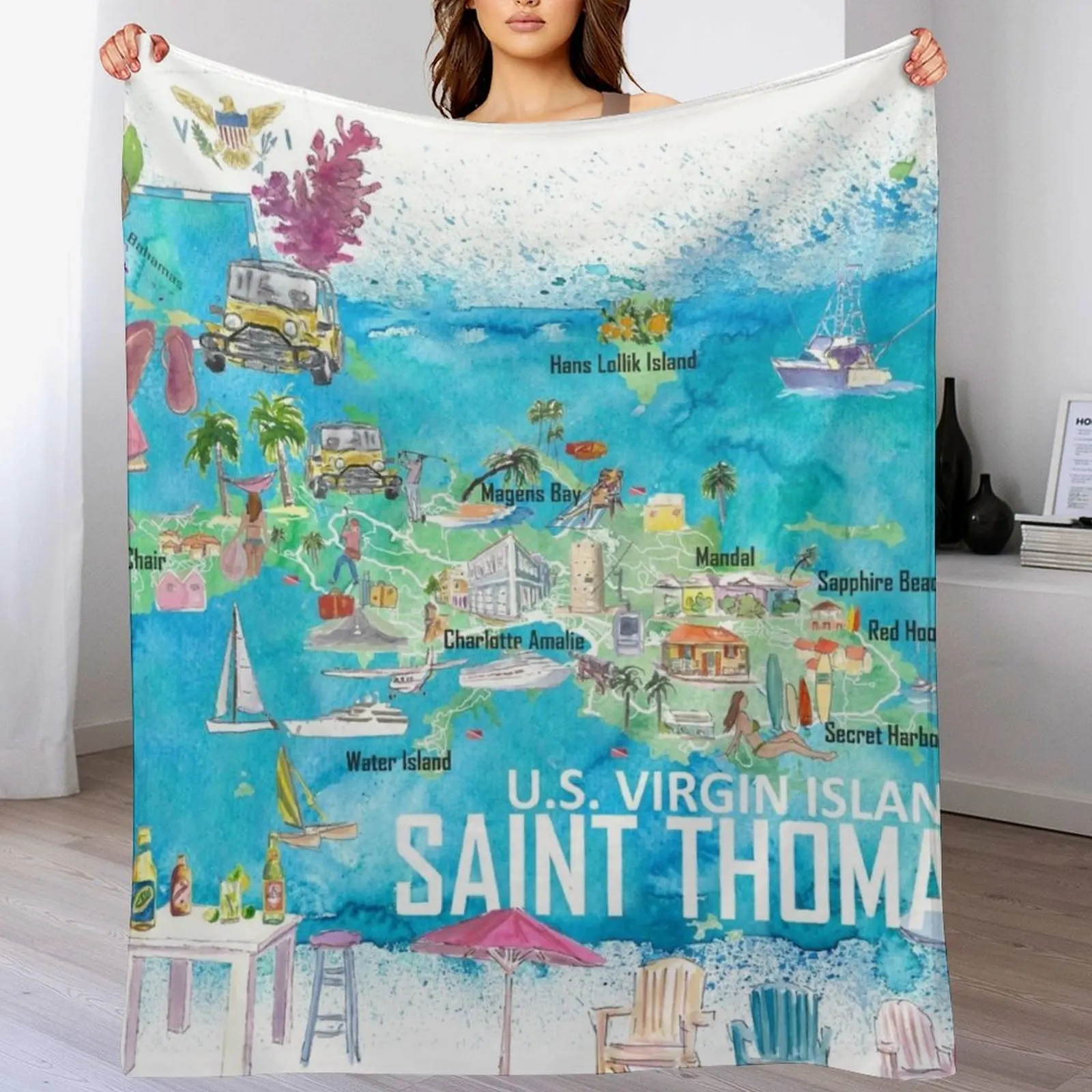 

Saint Thomas USVI Illustrated Travel Map with Roads and Tourist Highlights Throw Blanket Soft Single Softest anime Blankets