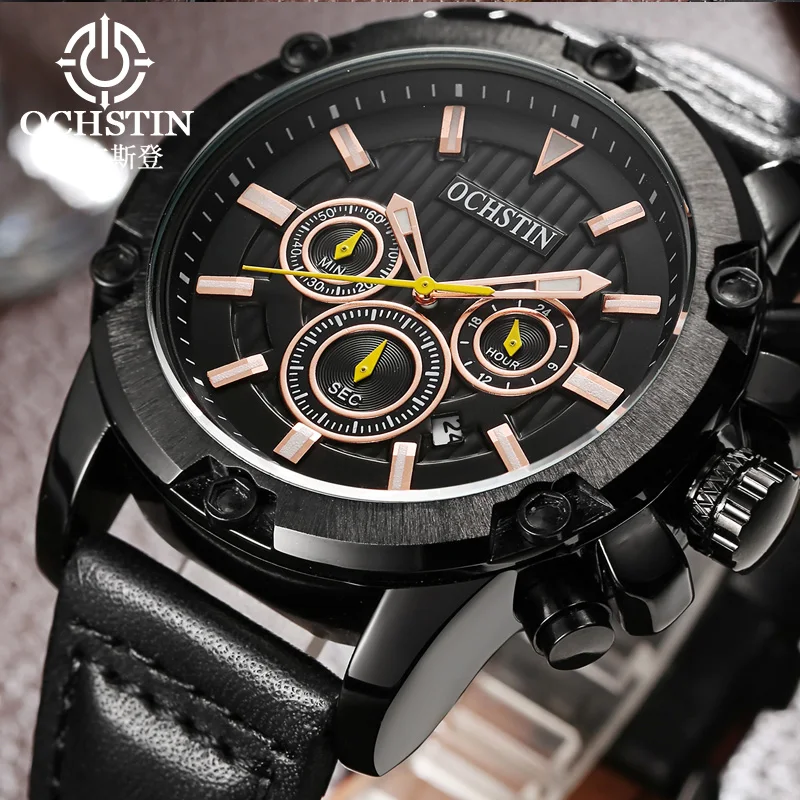 

OCHSTIN кварцевые мужские наручные часы с ремешком из натуральной кожи, мужские роскошные модные хронографы, мужские часы, подарки для парня