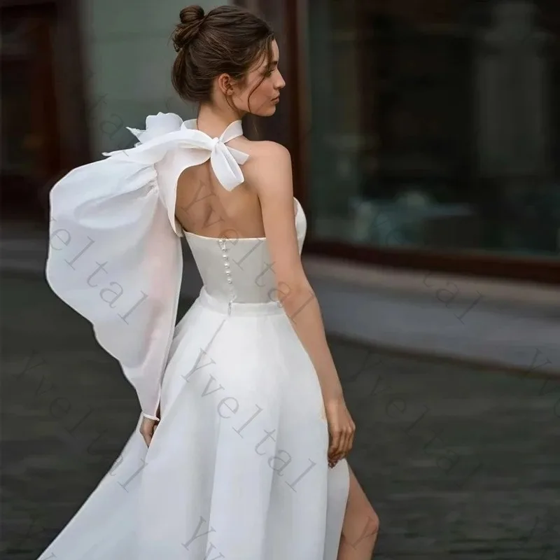 Customized Graceful Temperament Two-Pieces Strapless Satin Wedding Dresses Charming Flowers Open Back One-Shoulder Bridal Gowns