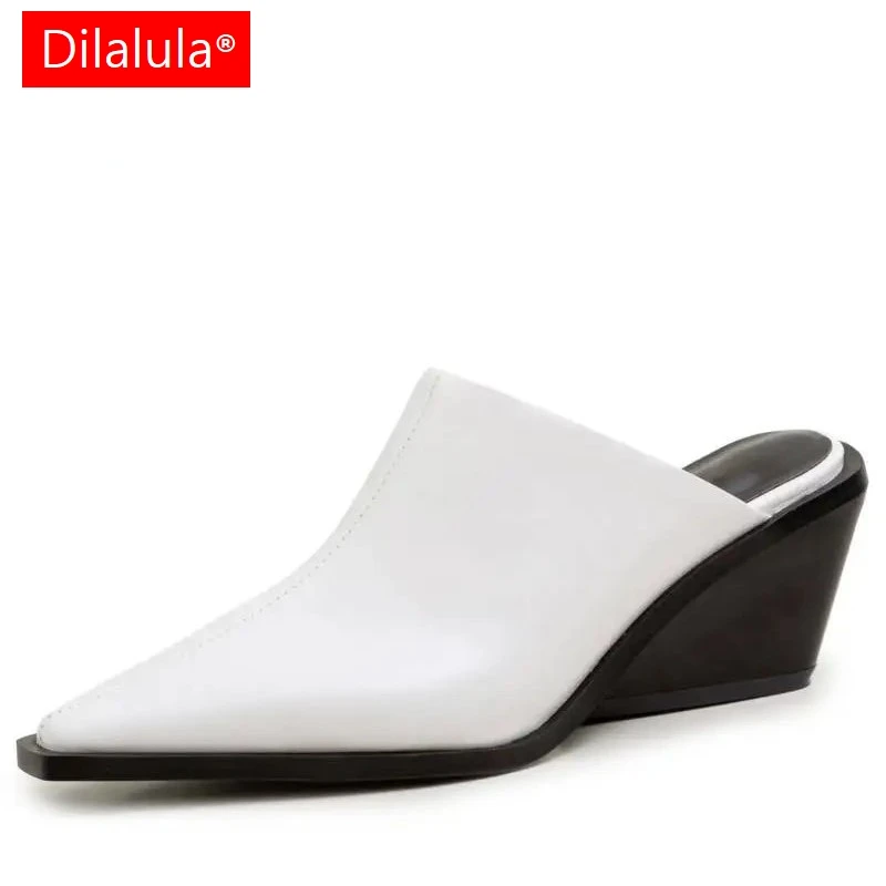 Dilalula 2024 Genuine Leather Women Covered Toe Mules Ladies Med Chunky Heel Summer Casual Wedges Slippers Office Sandals Woman