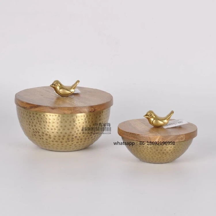 India Imported Handmade Brass Threaded Nordic Fruit Plate Mango Wooden Cover Bird Storage Plate Fruit Pot Decorative Ornament