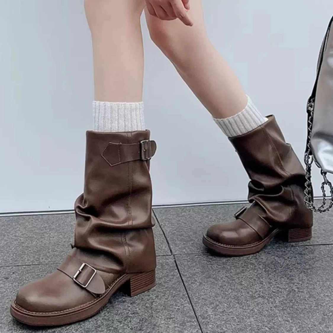 Autumn Winter Thick High Heels Women Mid Calf Boots Hot Sale Gothic Calves Motorcycles Boots Buckle Comfy Walking Boots