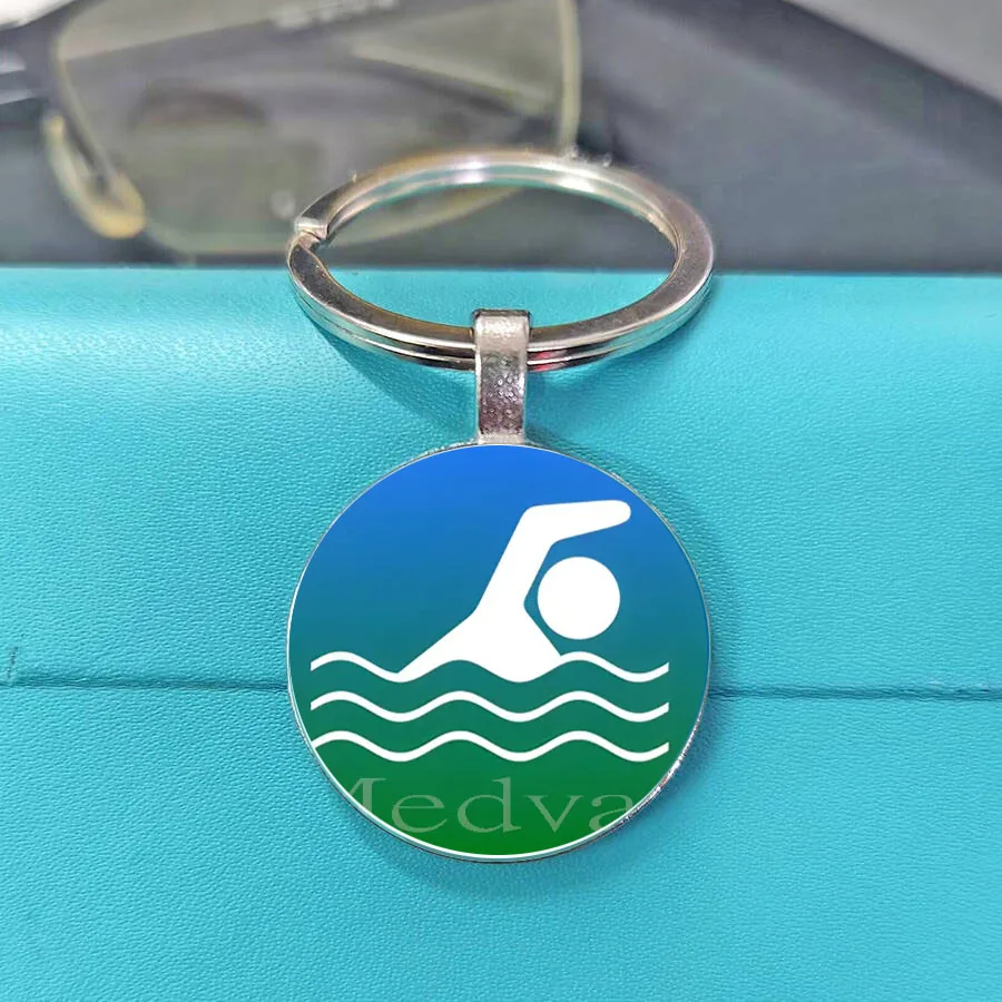 Elegant Swimming Themed Glass Keychain Cartoon Swimmer Design Nice Keepsake For Swimming Keychain